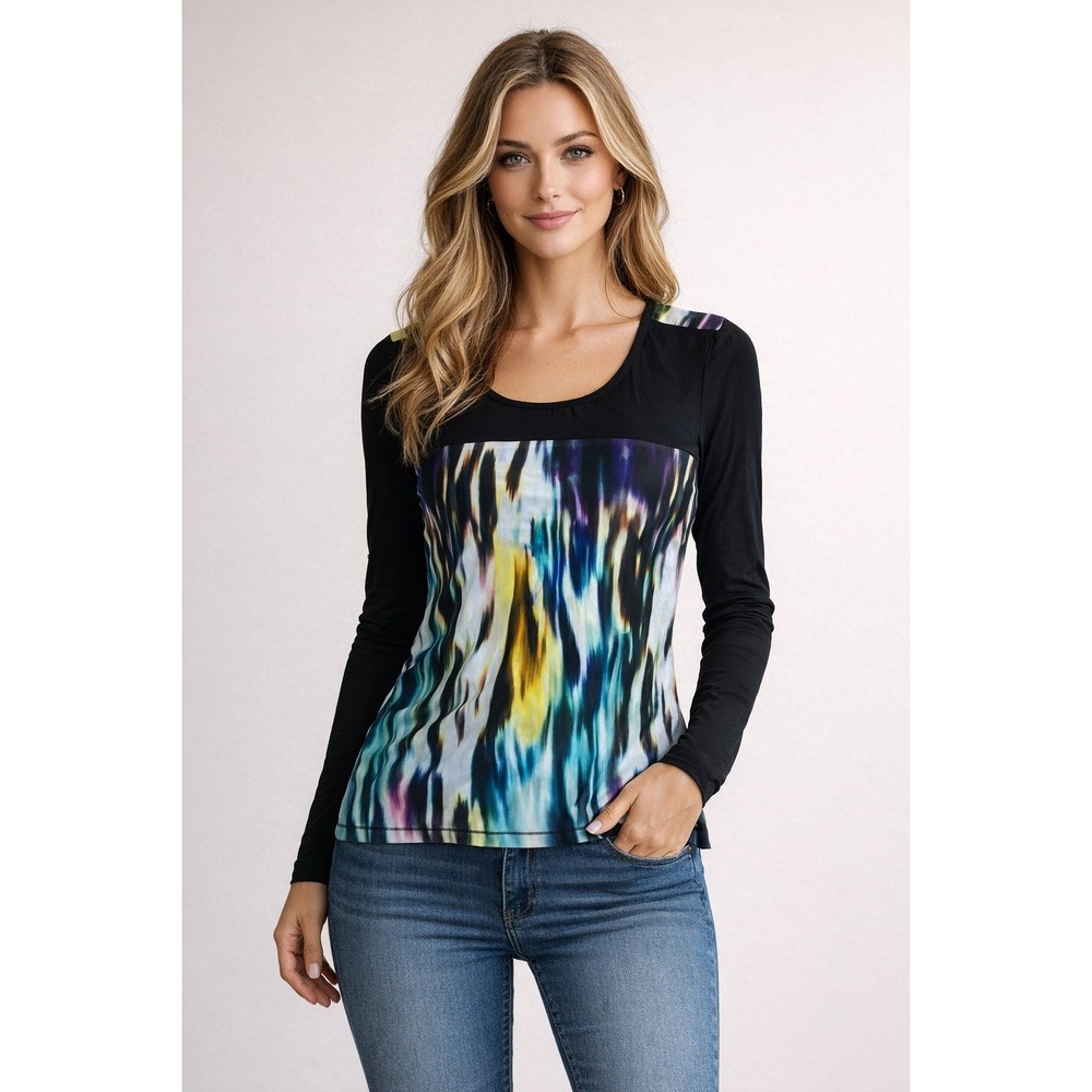 Patrizia Luca Milano Artsy Abstract Gallery Vibe Mesh Top XL Long Sleeve Sheer